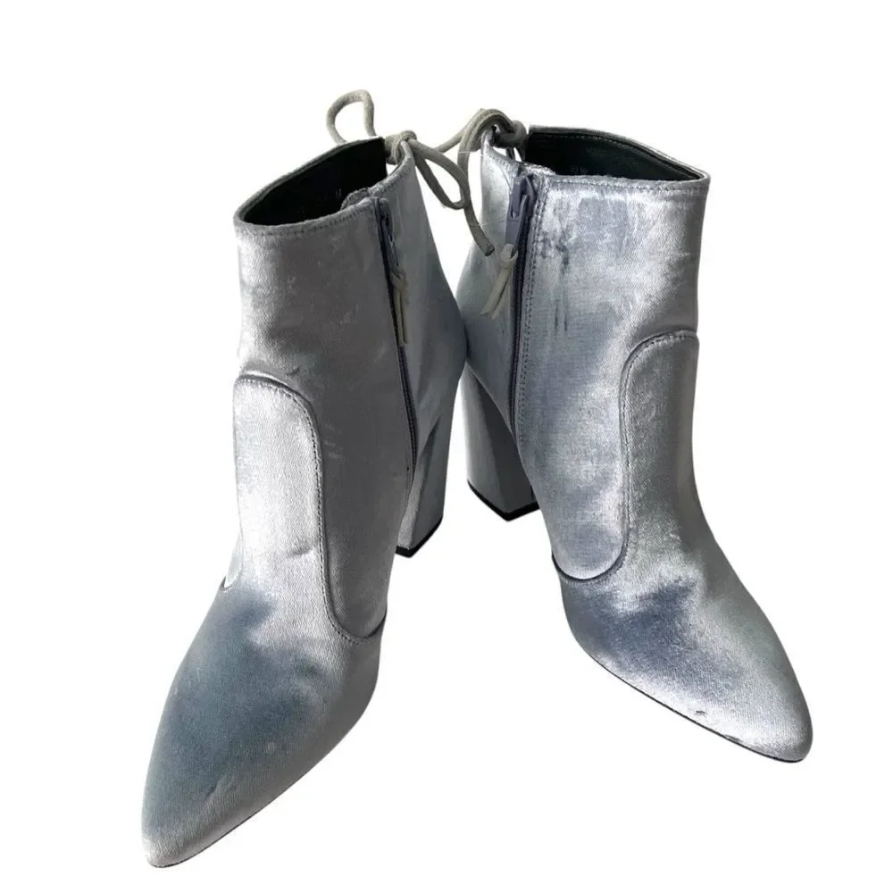 Stuart Weitzman Grandy Silver Bluish Steel Pane Velvet Ankle Boots Size 6.5M